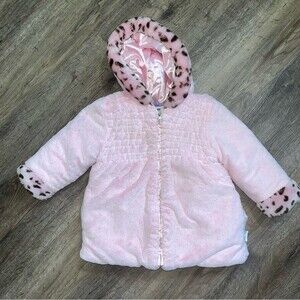 Bon Bebe Baby Girl Pink Faux Fur Leopard Trim Thick Winter Coat Size 2T